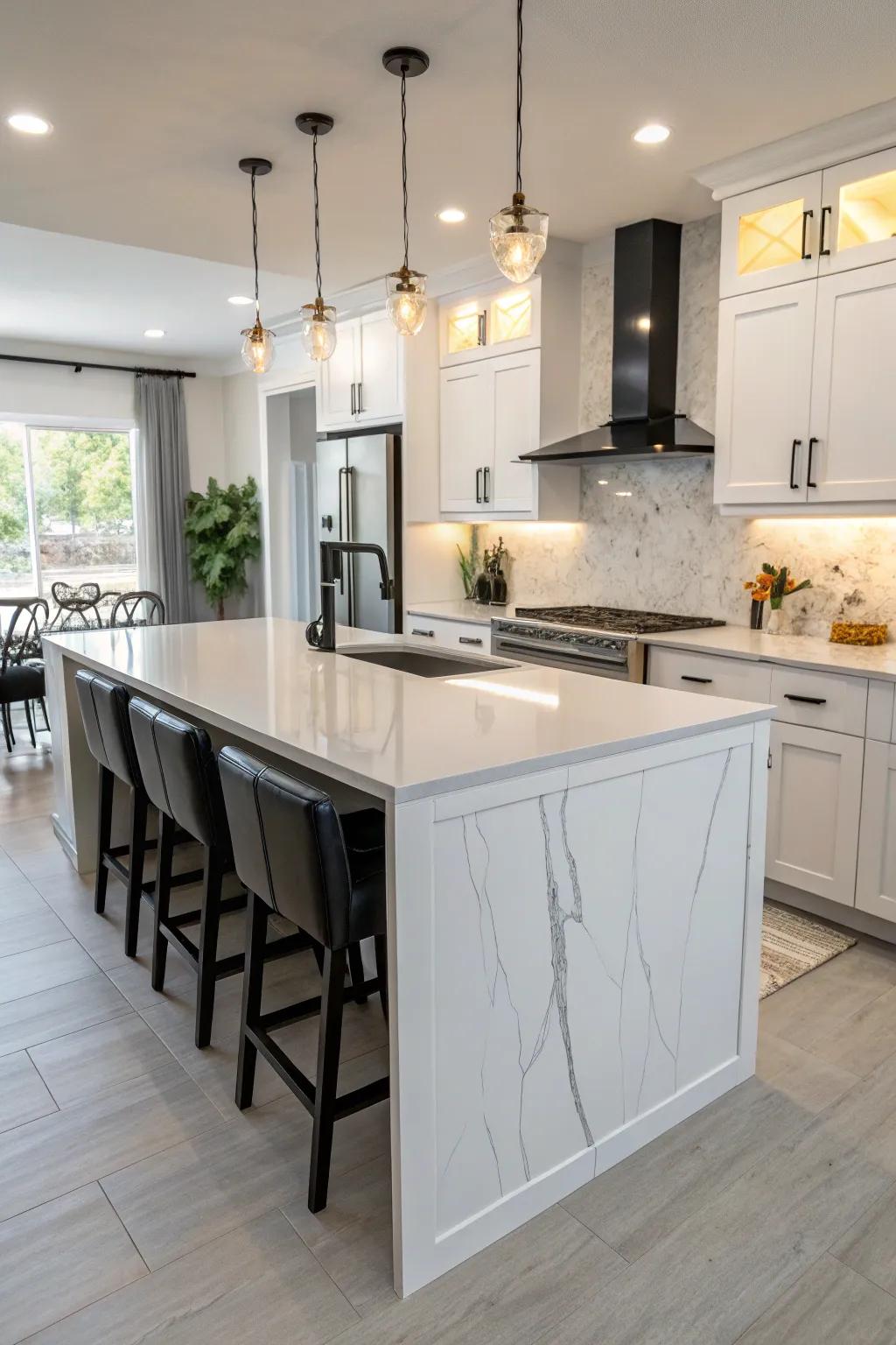 A refined waterfall edge graces a quartz worktop.
