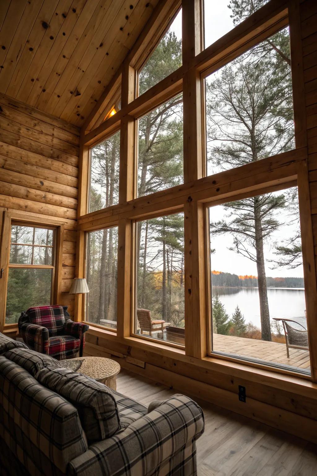 Integrated cabin interior with expansive windows and pine paneling.