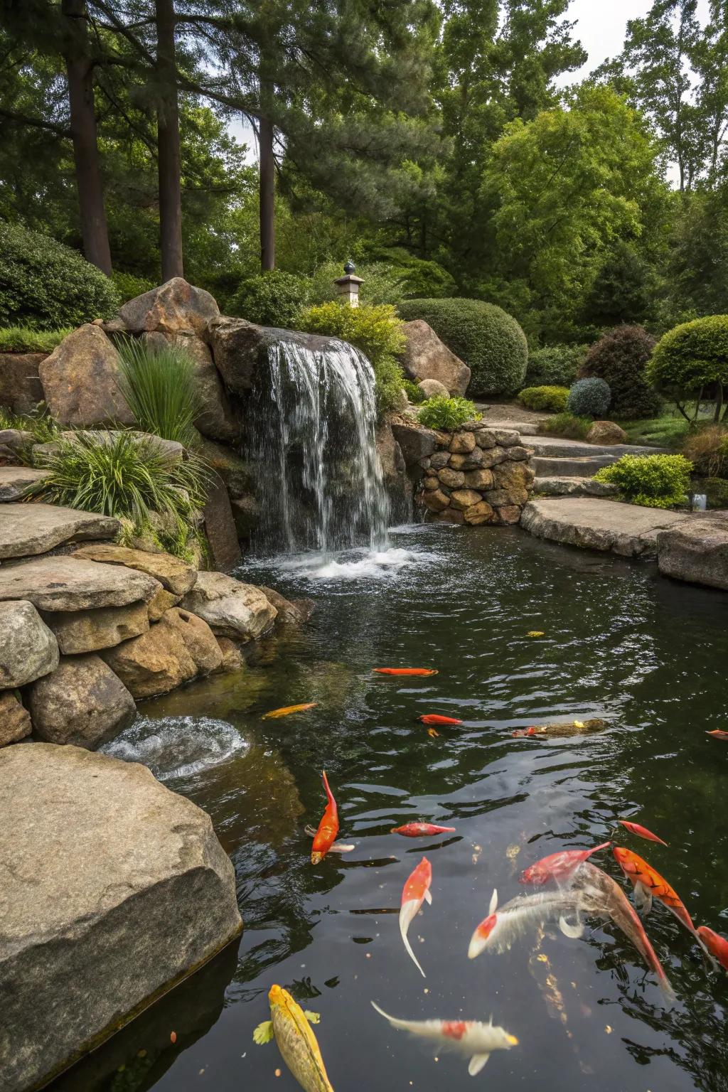 The gentle cascade of a cascade enhances this pond's serenity.
