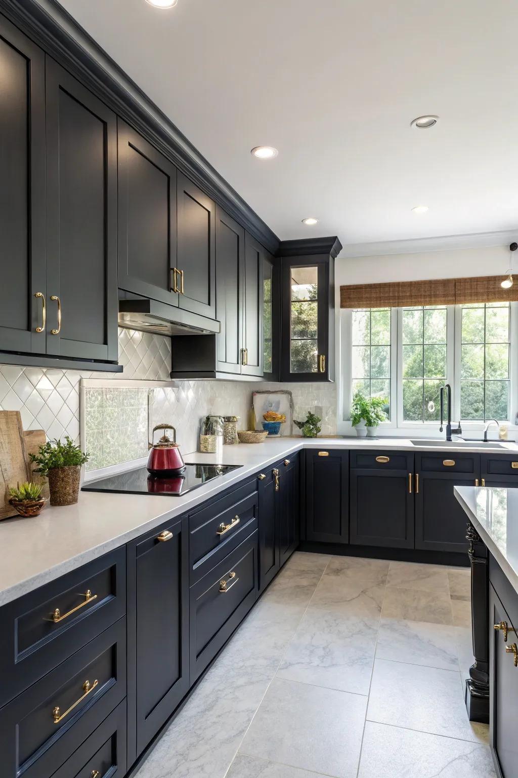 Introduce visual interest with striking color differences in your L-shaped kitchen.
