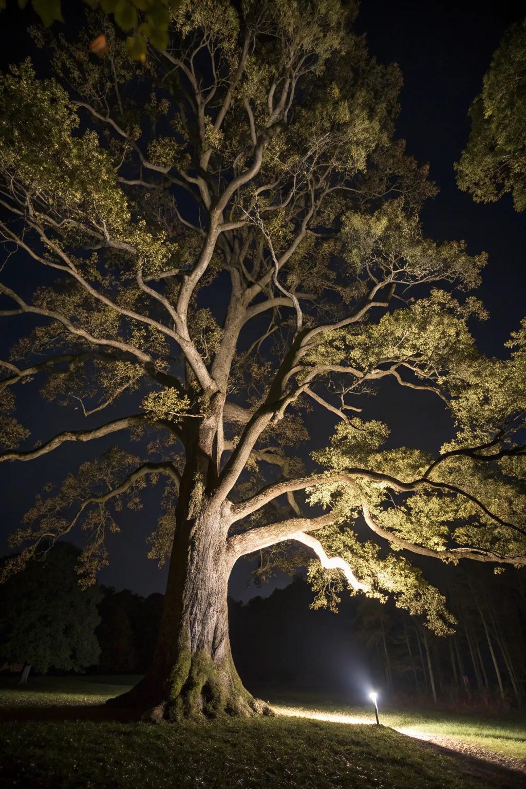 Trees transformed into works of art with strategic up-lighting.