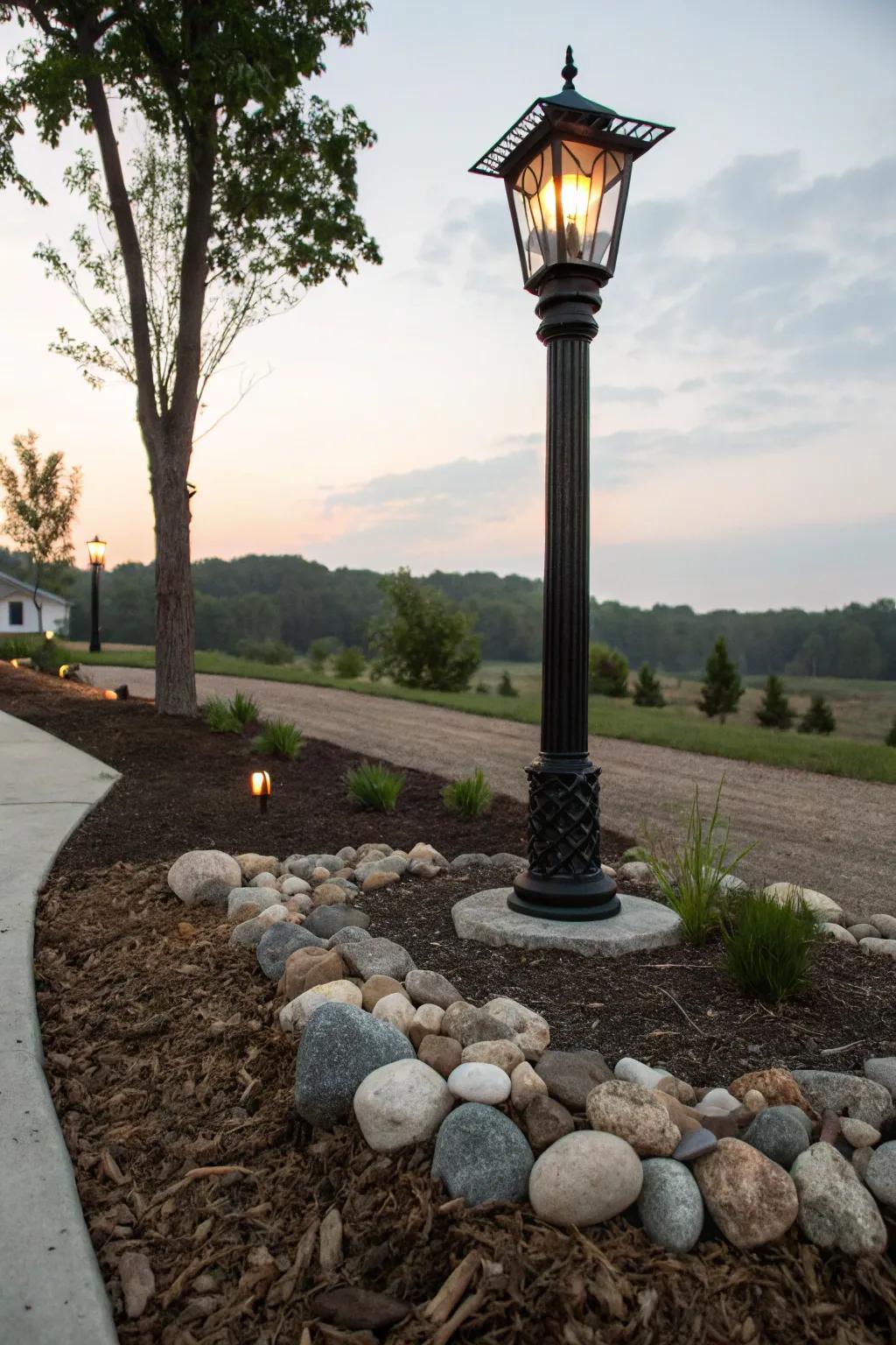 Ornamental stones providing a pristine perimeter around the lamp post.
