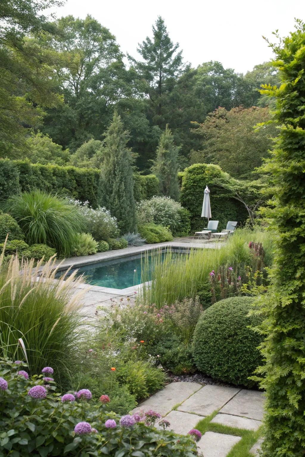 Tall plants and grasses provide a natural method for effectively concealing pool equipment.