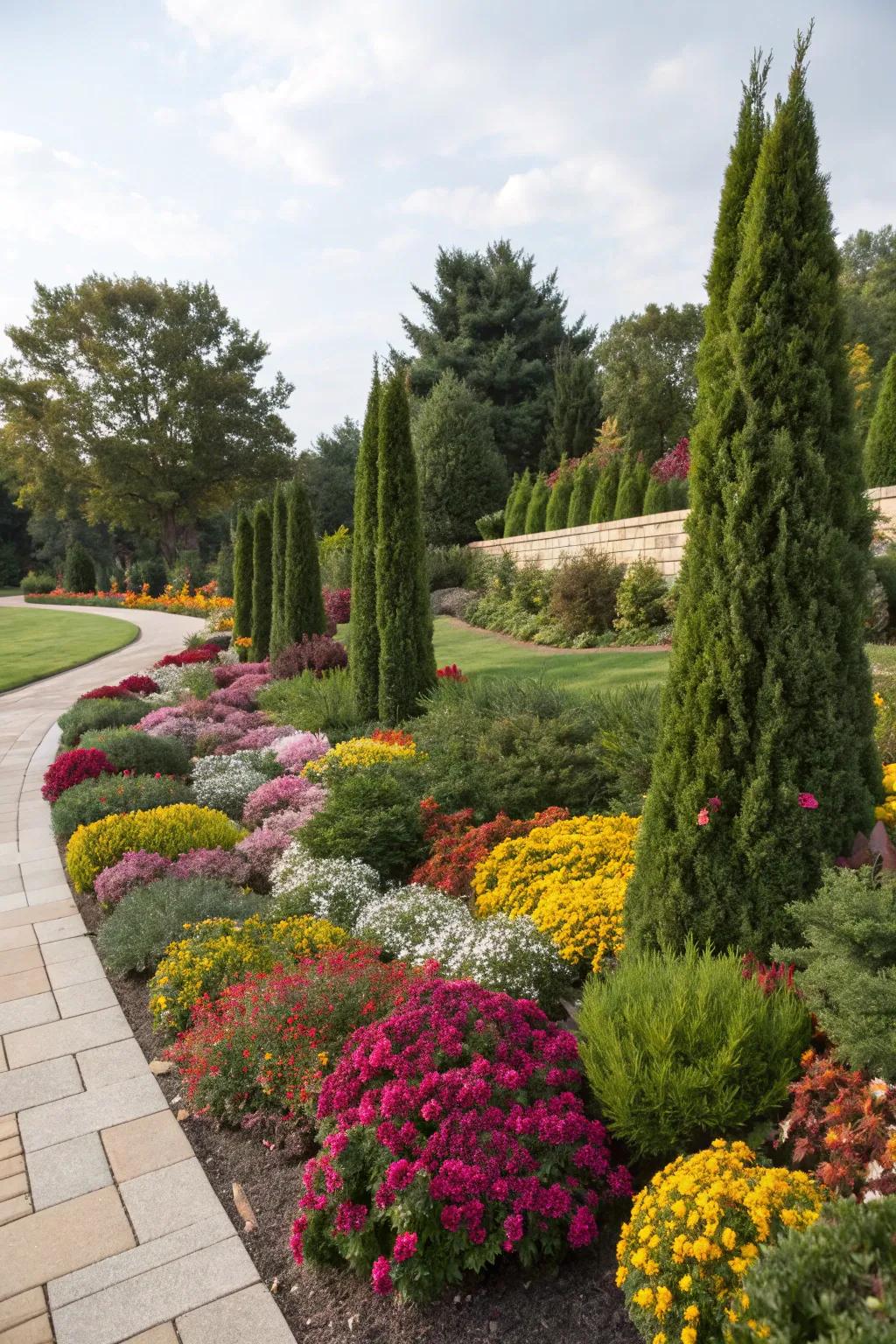 Produce a lively landscape with a mix of evergreens and radiant bushes.