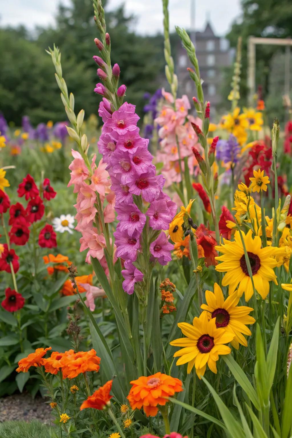 An energetic mix of gladiolus and zinnias enriches the garden&rsquo;s texture.