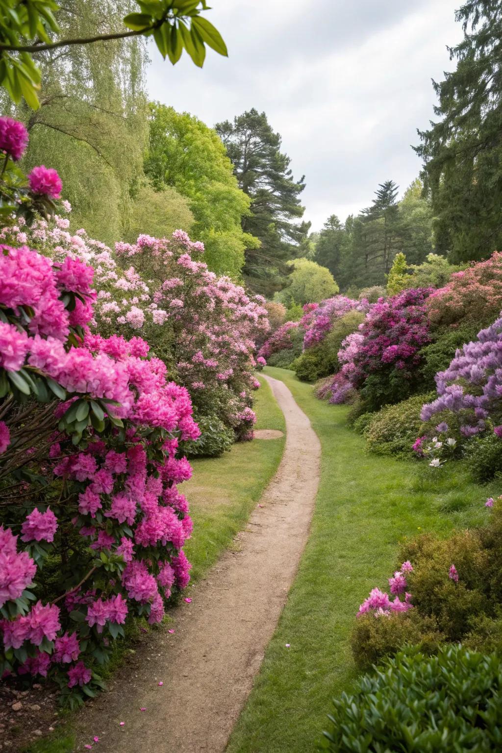 A delightful garden route lined with colorful rhododendrons.