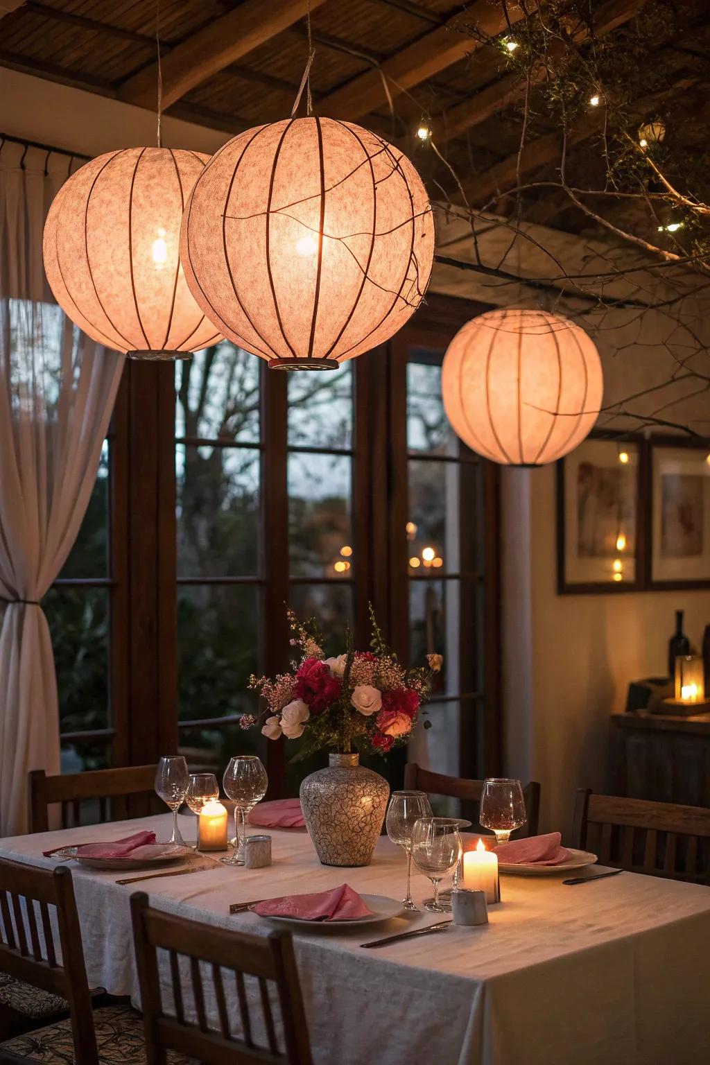Suspended lanterns establish a romantic dining setting.