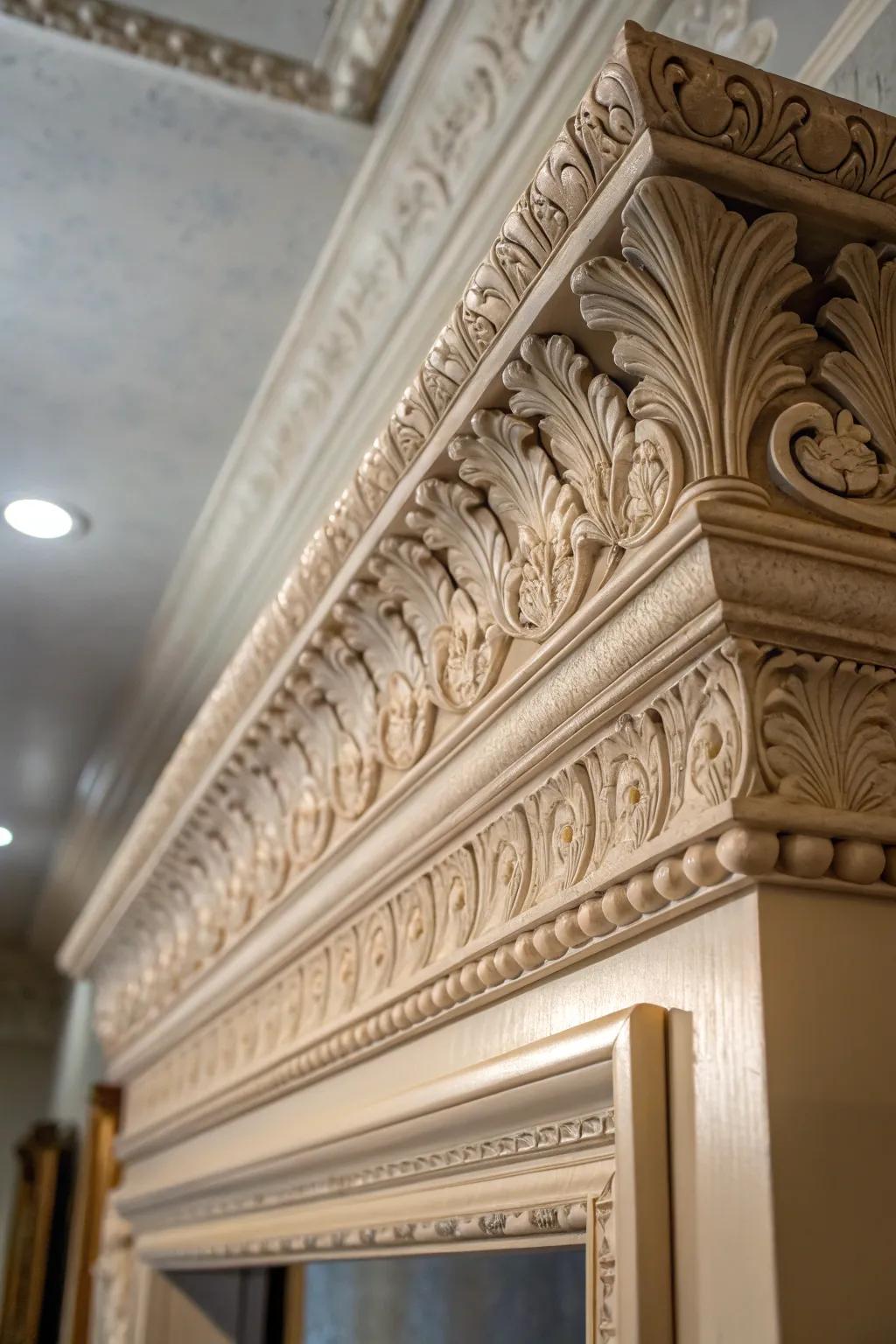 A detailed view of ornate broad crown molding, displaying its stunning craftsmanship.
