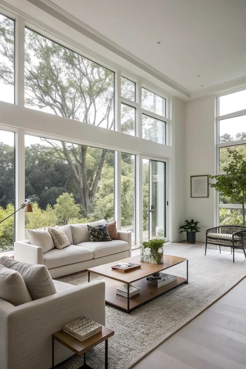 A contemporary living space featuring minimalist window frames that emphasize the vista.