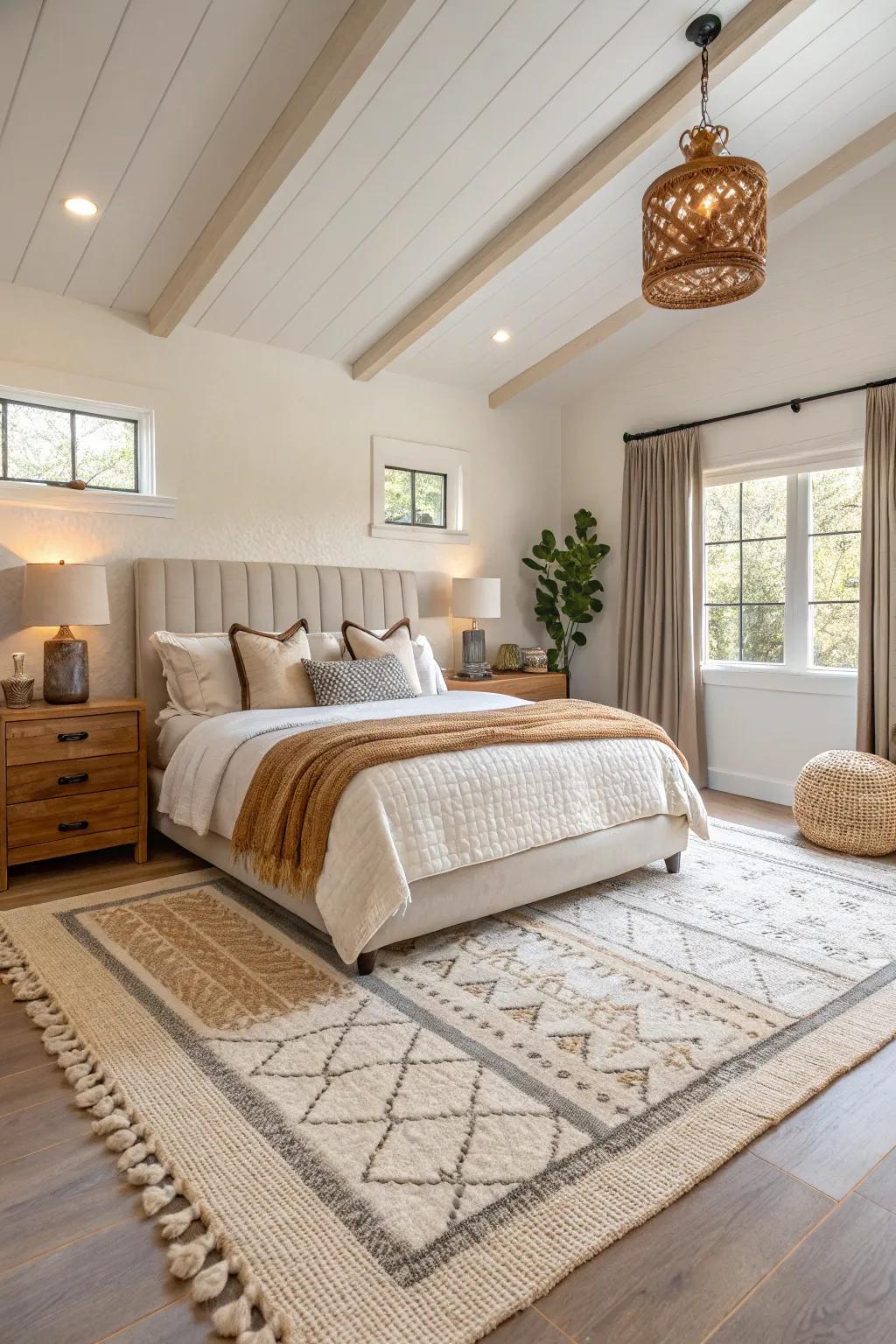 Layered rugs help delineate zones and add texture to the room.