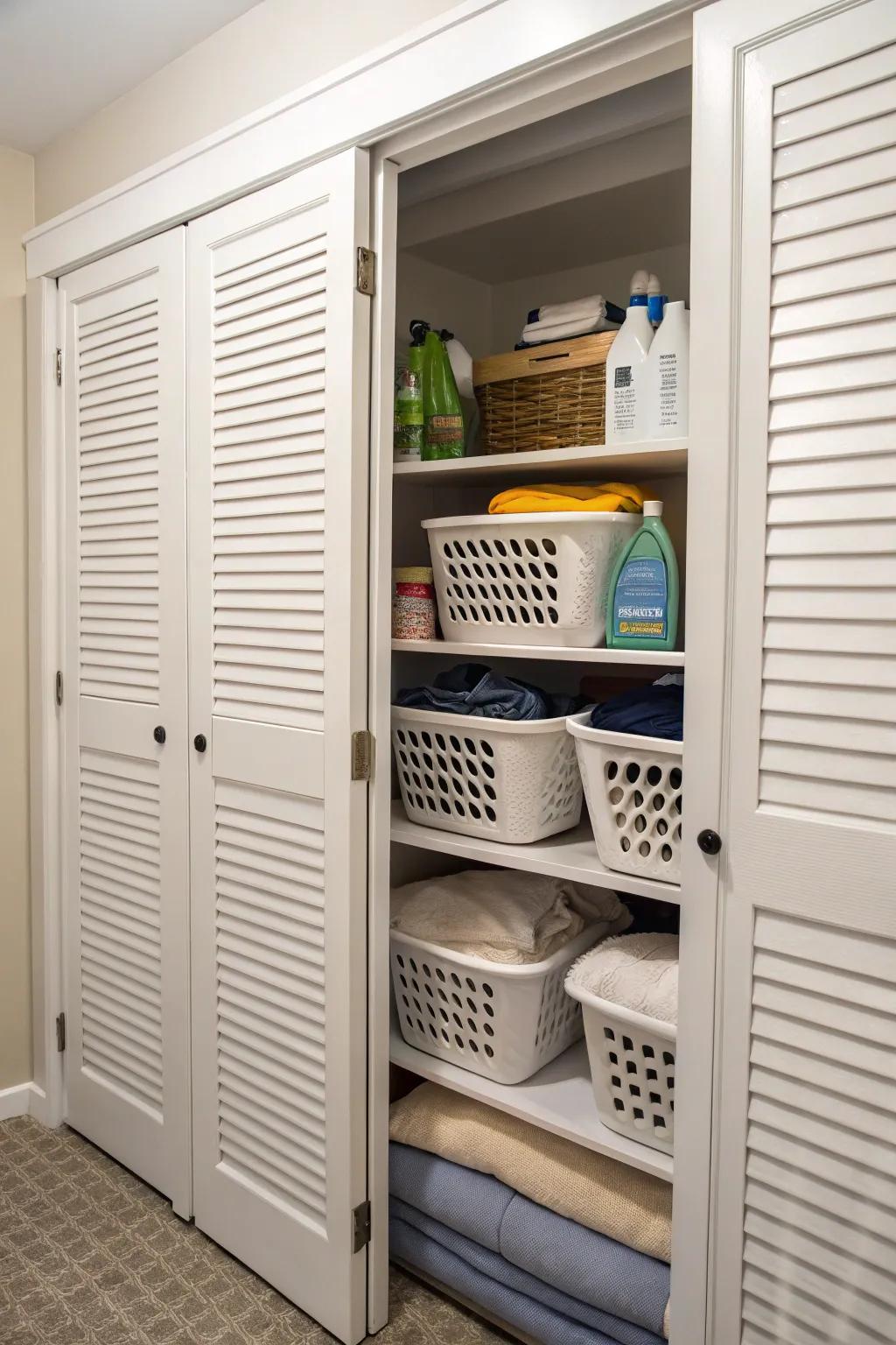 Louvered doors mix style with functionality, ensuring good ventilation.