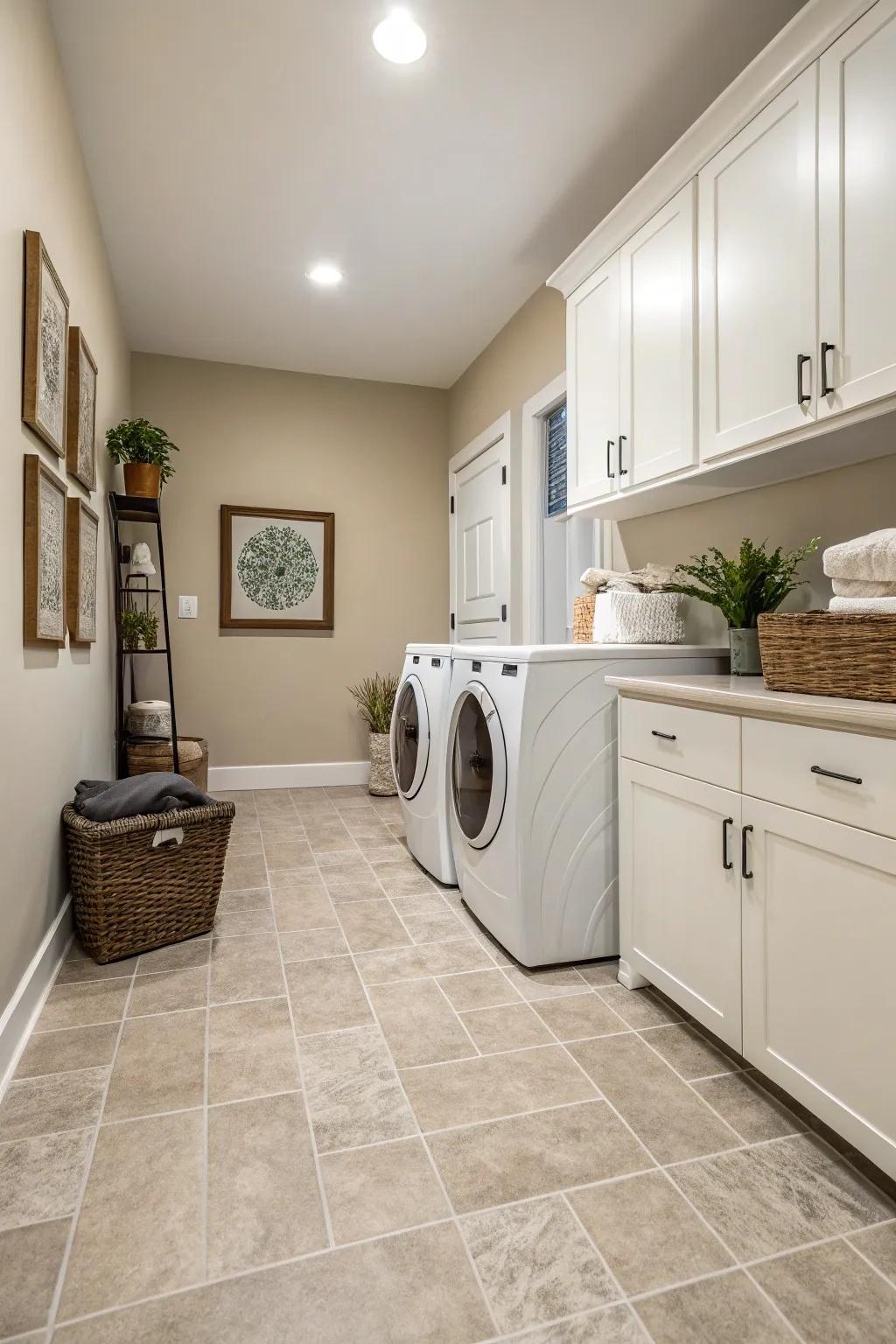 Neutral tones fashion a tranquil and contemporary laundry area.