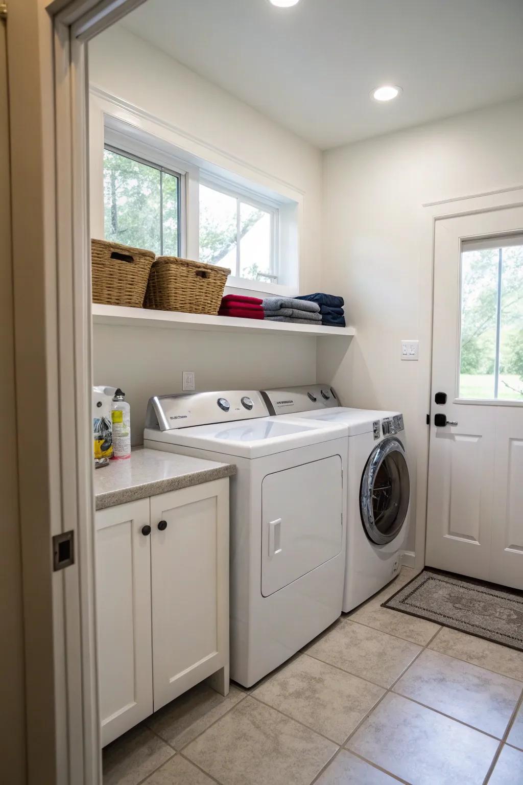 A convenient counter surface streamlines laundry duties more efficiently.