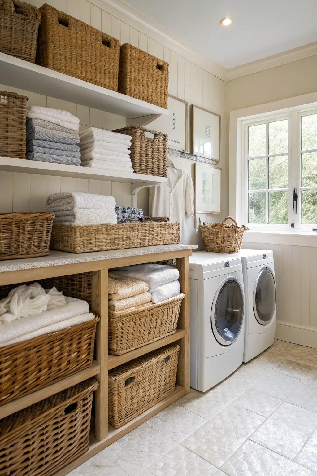 Elegant baskets enhance organization in your laundry room.