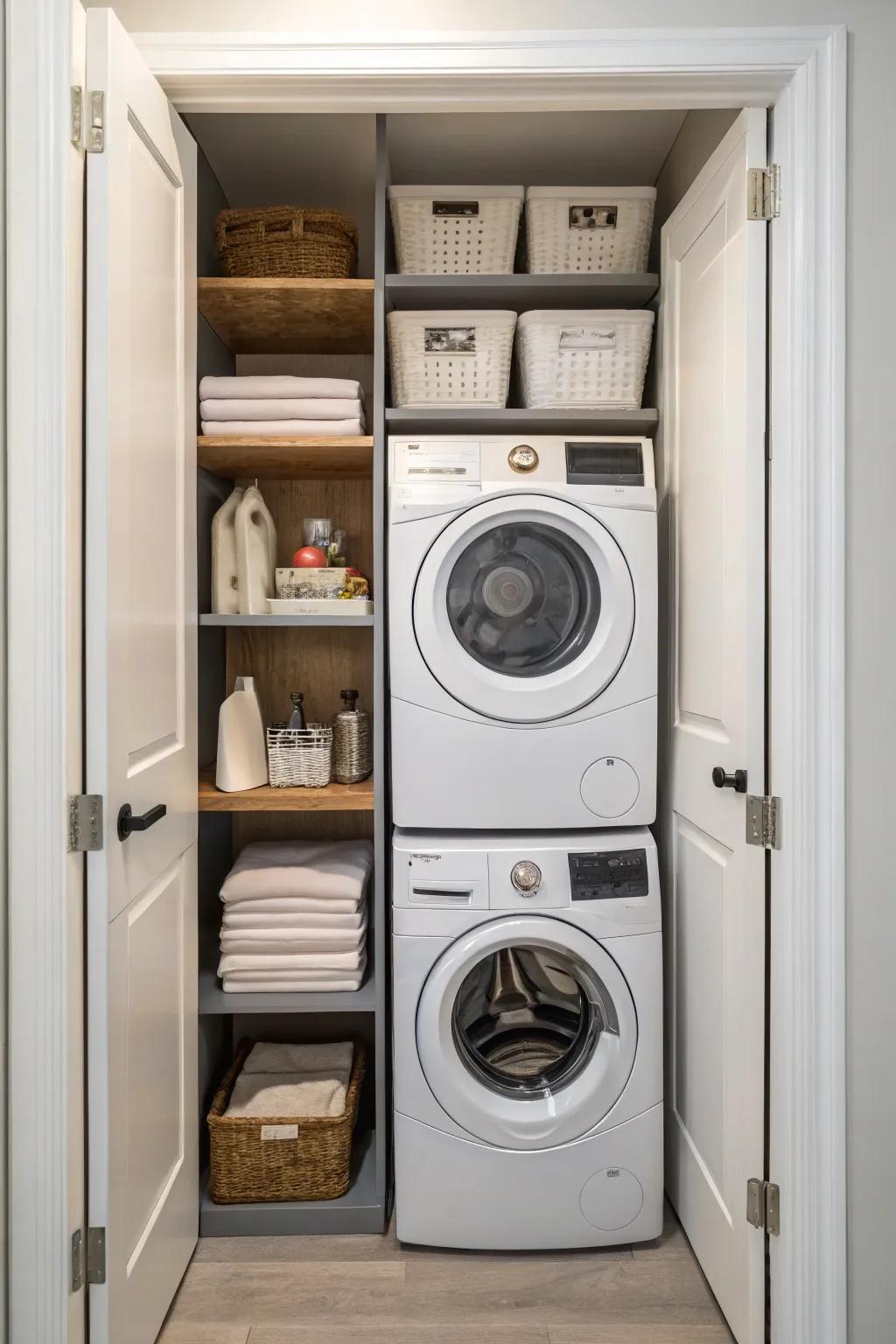 Stacking your appliances saves space in a small laundry room.