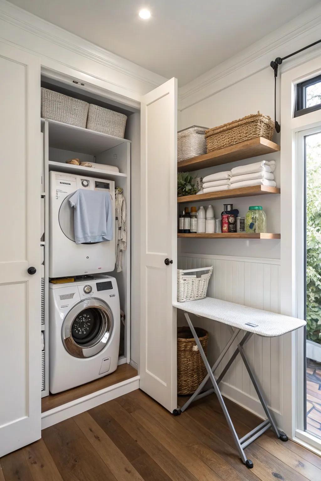 A pull-down laundry chute enhances convenience in a compact utility space.