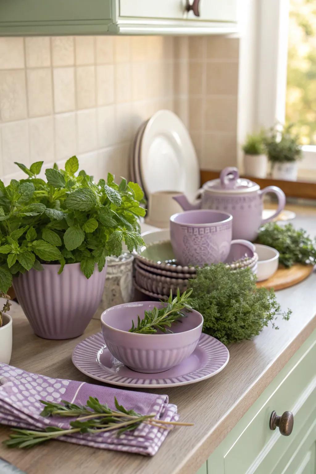 A kitchen showcasing lilac tableware and fresh herbs for a fragrant and fashionable area.