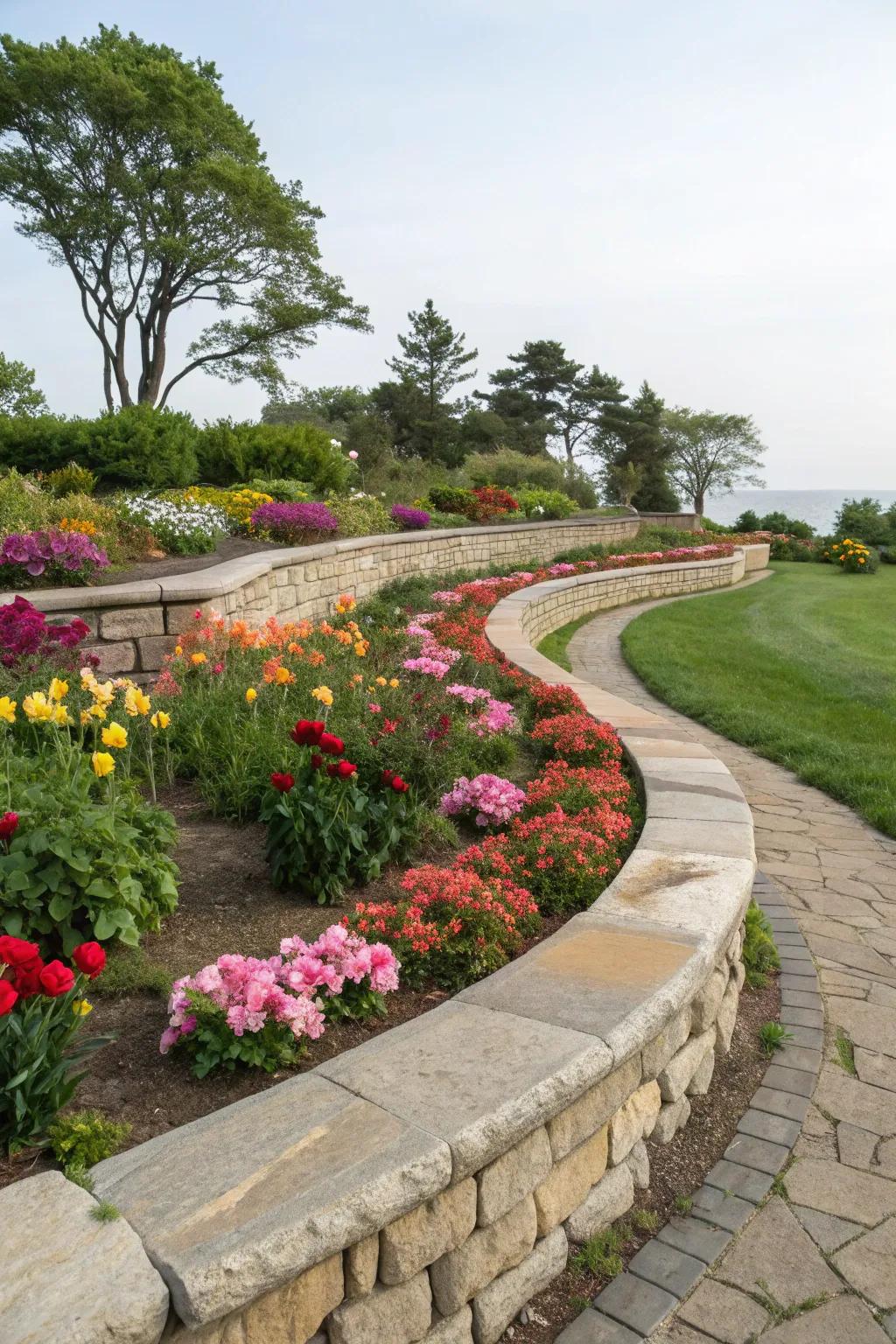 Elegant curved borders accented by natural stones.