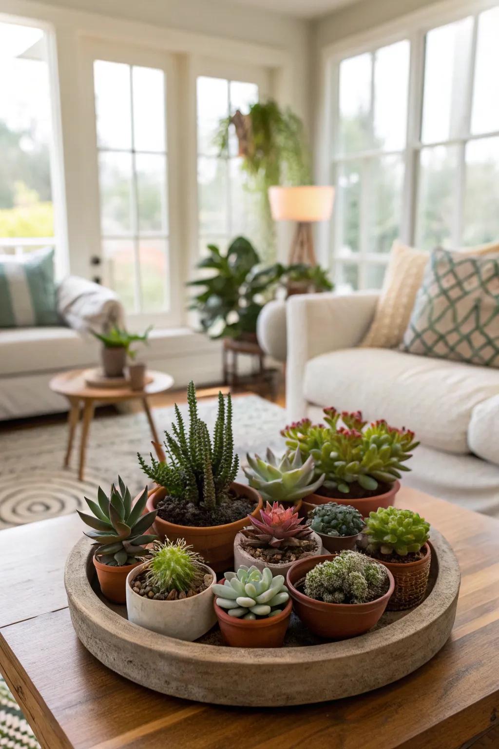 A rotating tray displaying a vibrant array of miniature plants and succulents.