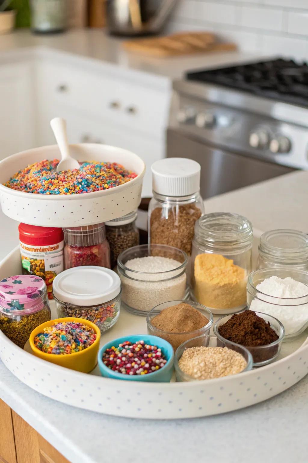 Design a baking supply station using a well-organized spinning organizer.