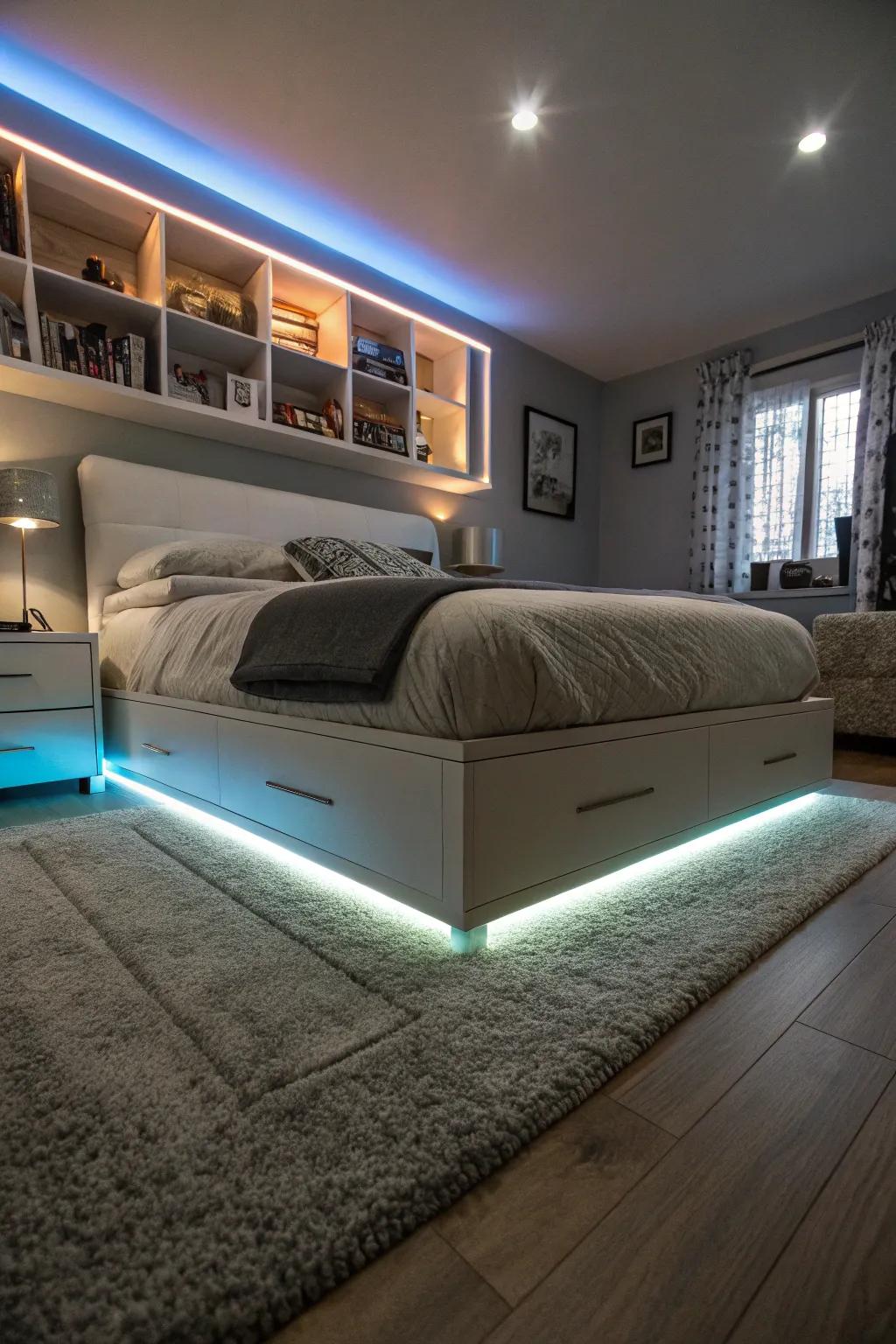 Create magic by simulating floating bed effects with LED strips.