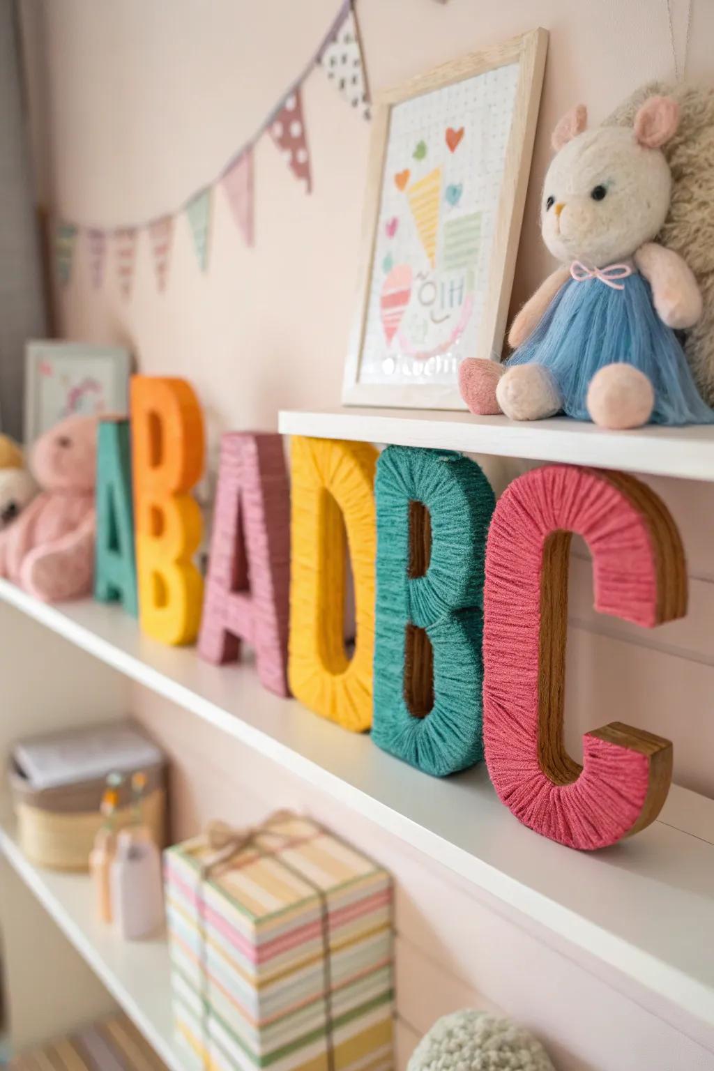 Yarn-wrapped letters contributing a snug touch to a baby room.
