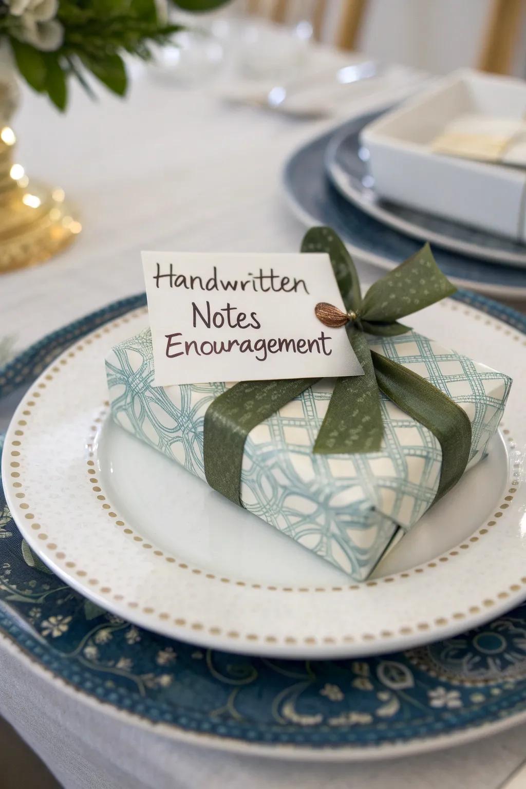 A beautifully wrapped plate with handwritten messages, ideal for giving.