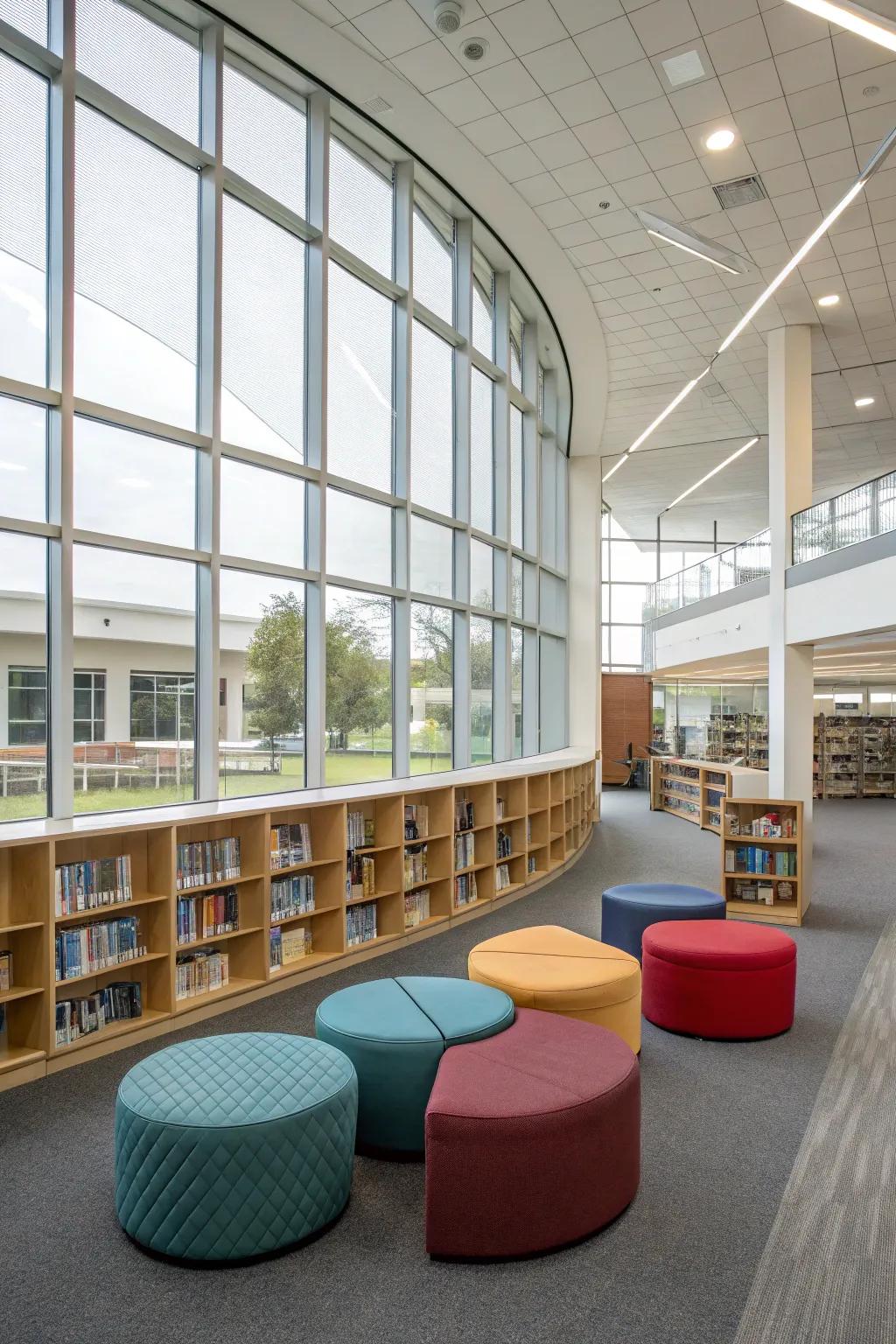 Versatile seating with modular sofas and poufs for a flexible library space.