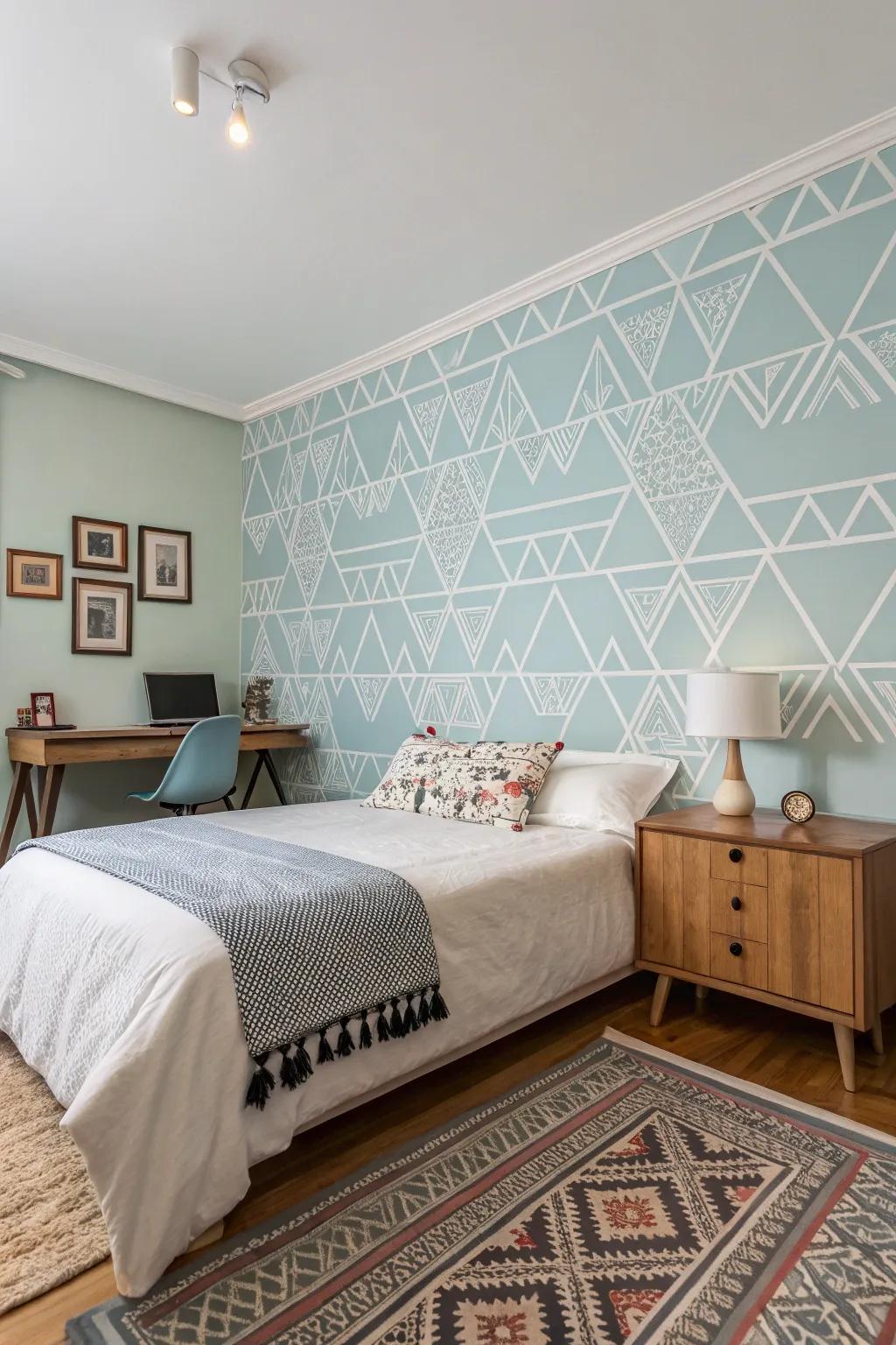 A bedroom showcasing a pale blue feature wall adorned with geometric designs to create an impressive focal point.
