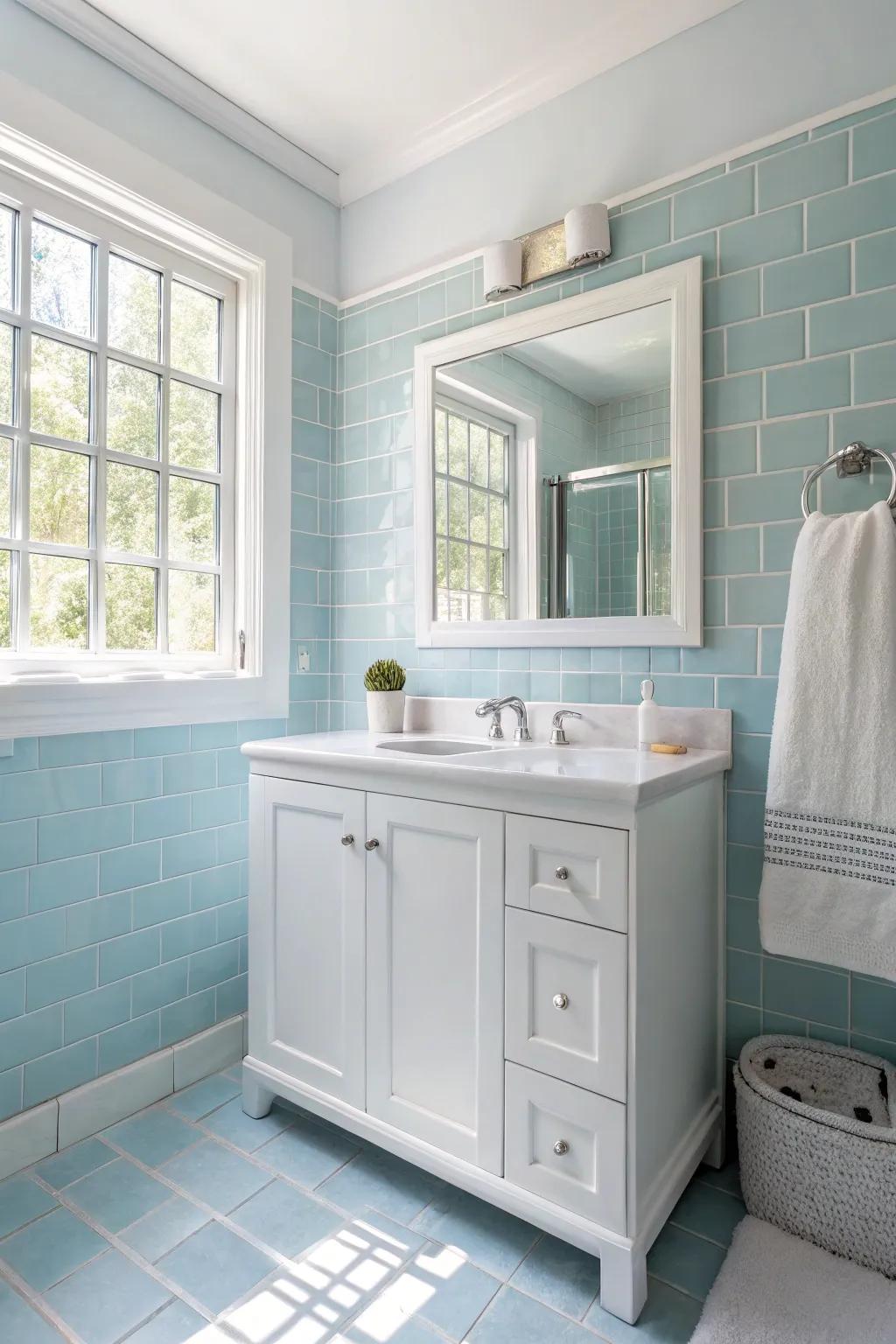 Soft blues deliver a revitalizing and calming vibe to the bathroom.
