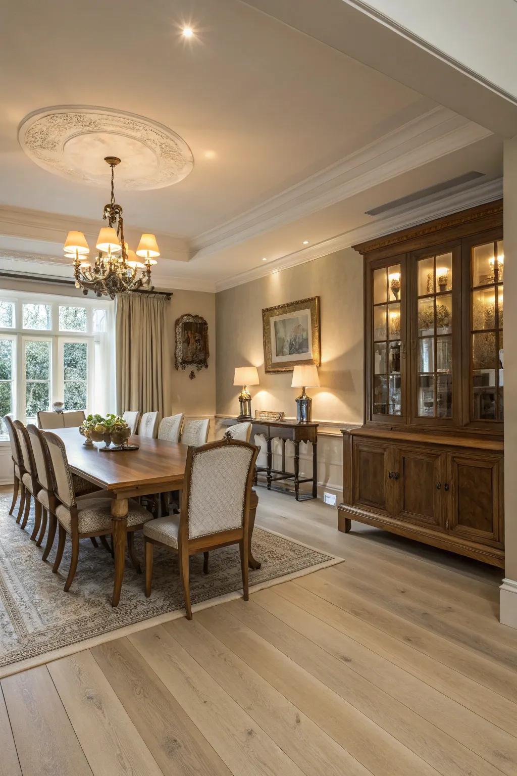 Light beige white oak flooring adds timeless elegance to this dining room.