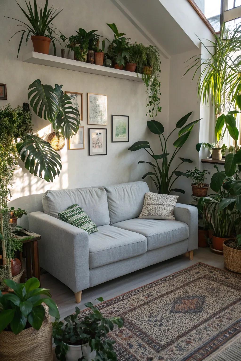 House plants contribute vibrancy and freshness to a setting with a pale stone sofa.