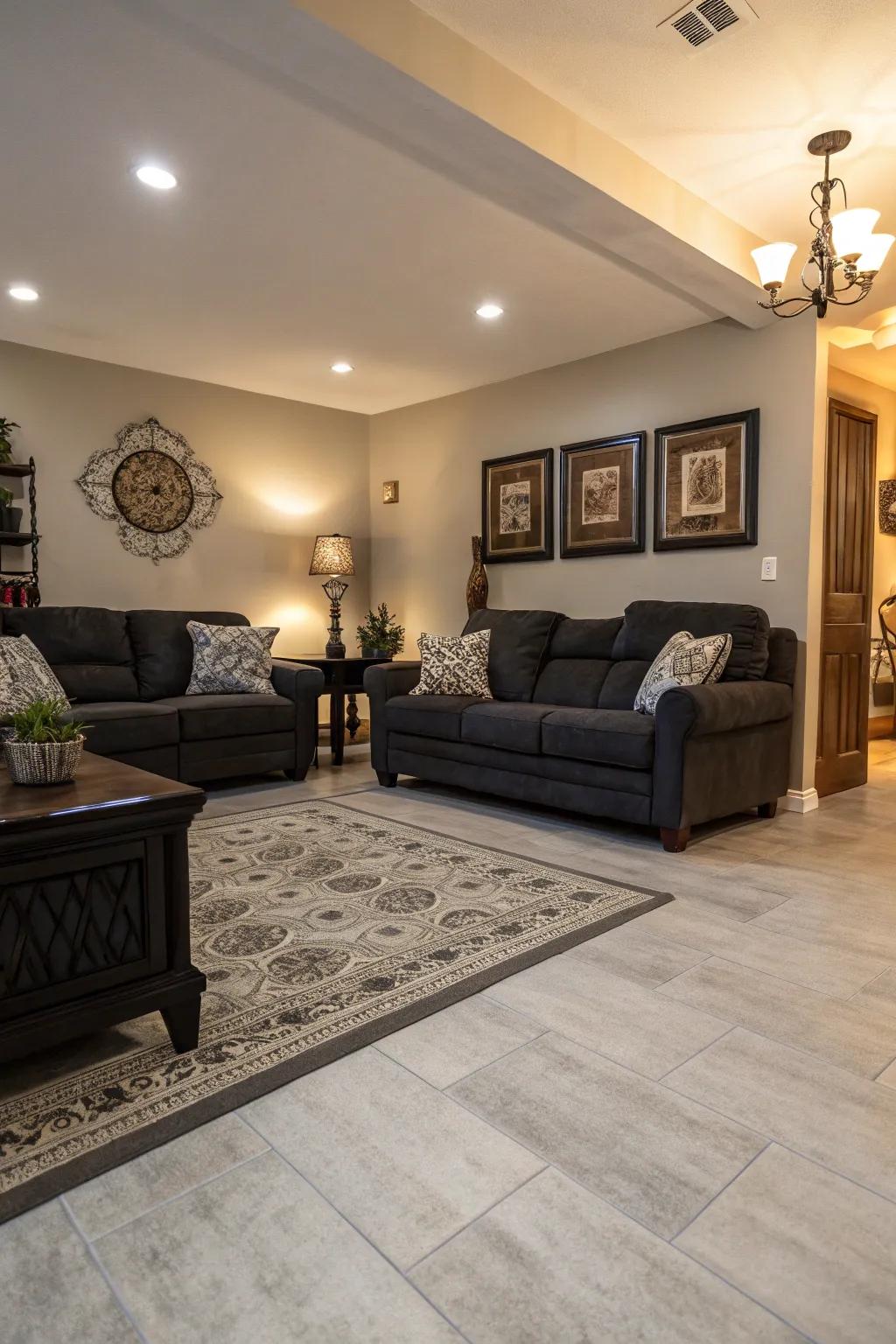 A stylish living area with light grey flooring and dark accents.