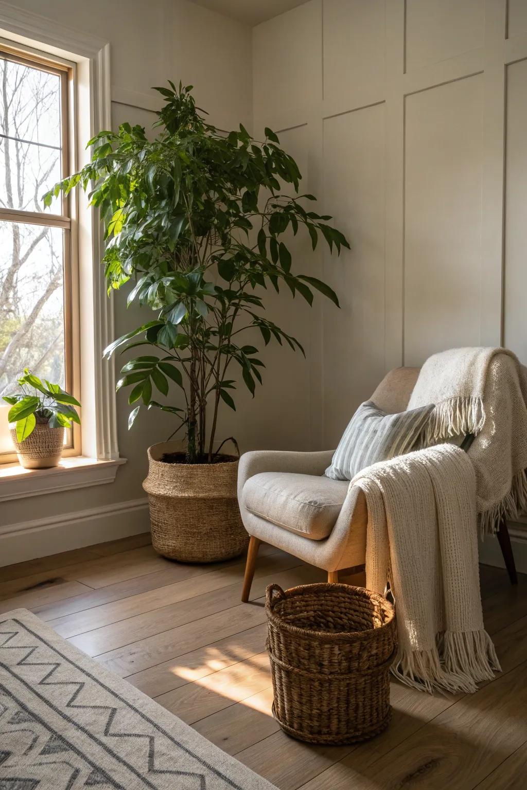 Vegetation adding vitality to a sleeping quarter with pale timber flooring.
