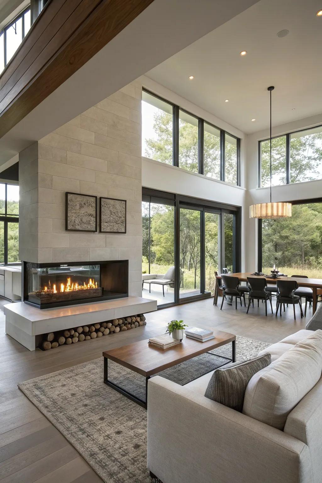 Develop a smooth flow between areas using a double-sided hearth.