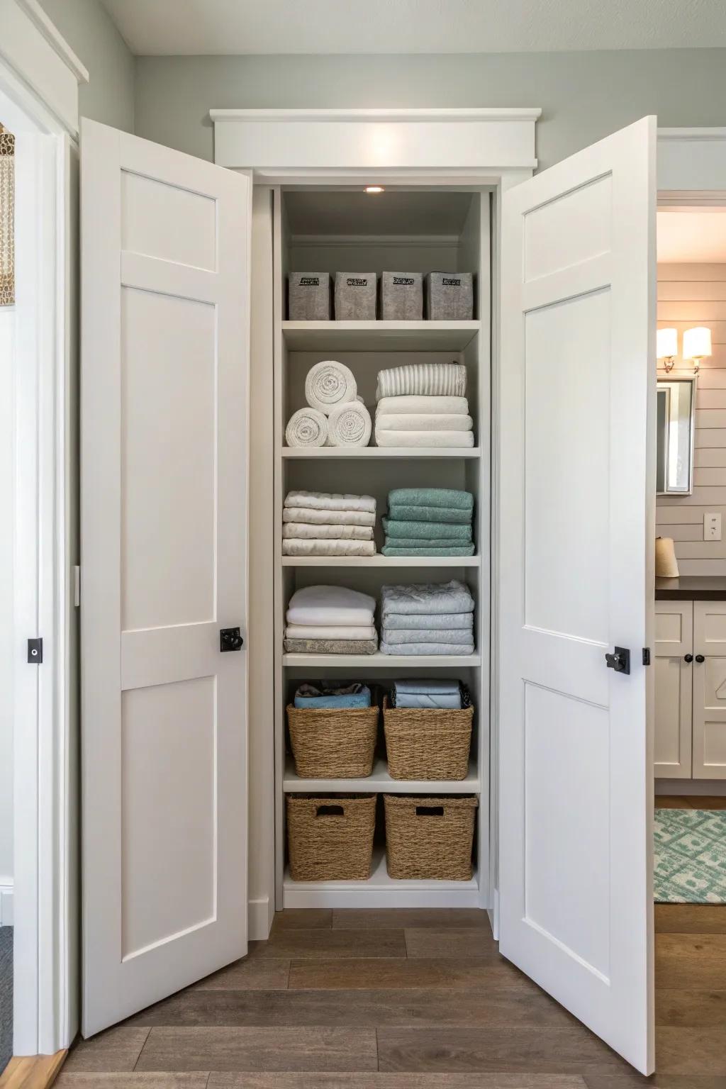 Folding doors optimize space utilization in a compact linen closet.