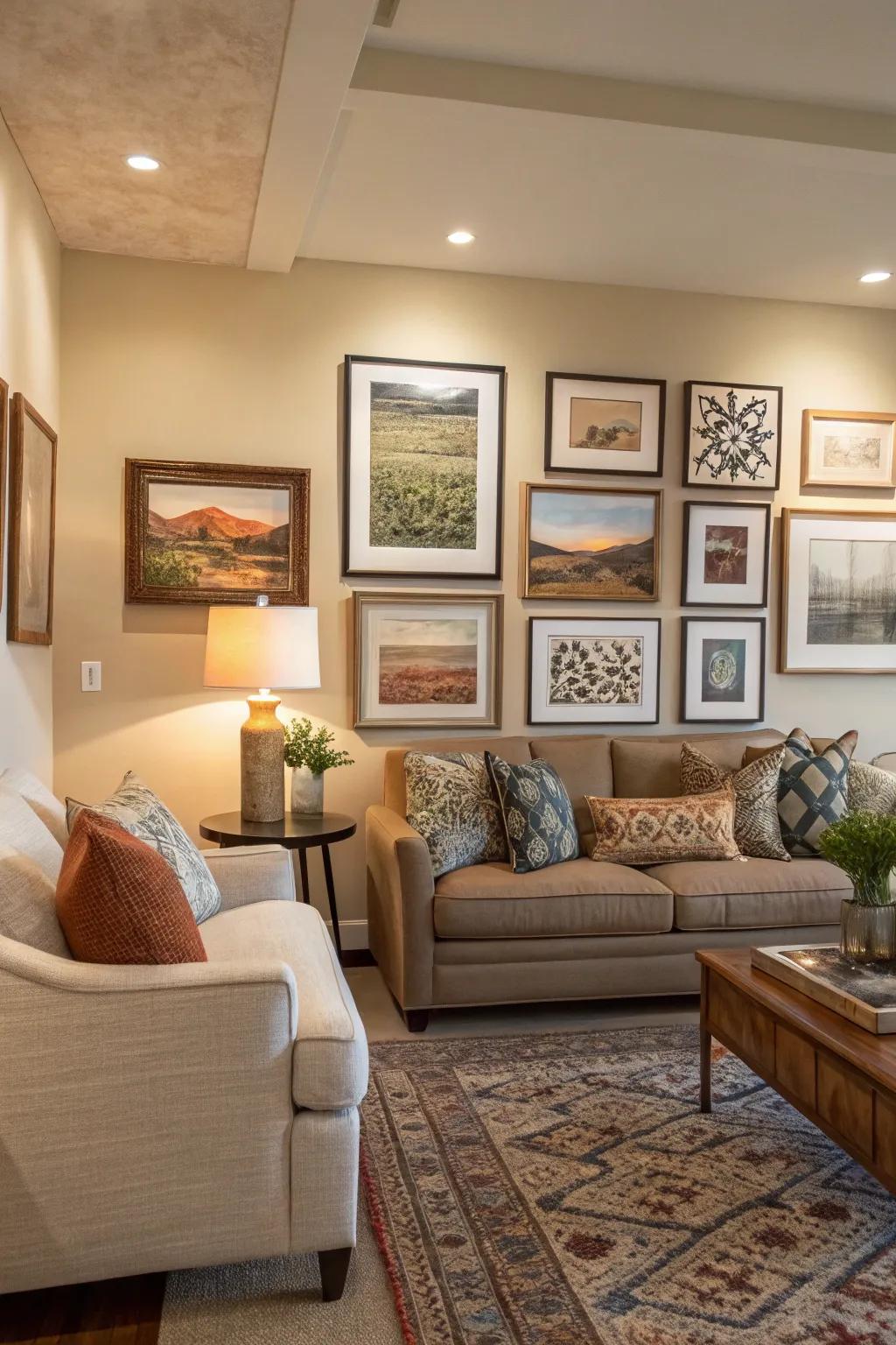 An artistic display serves as a customized and vibrant point of focus in this living space.