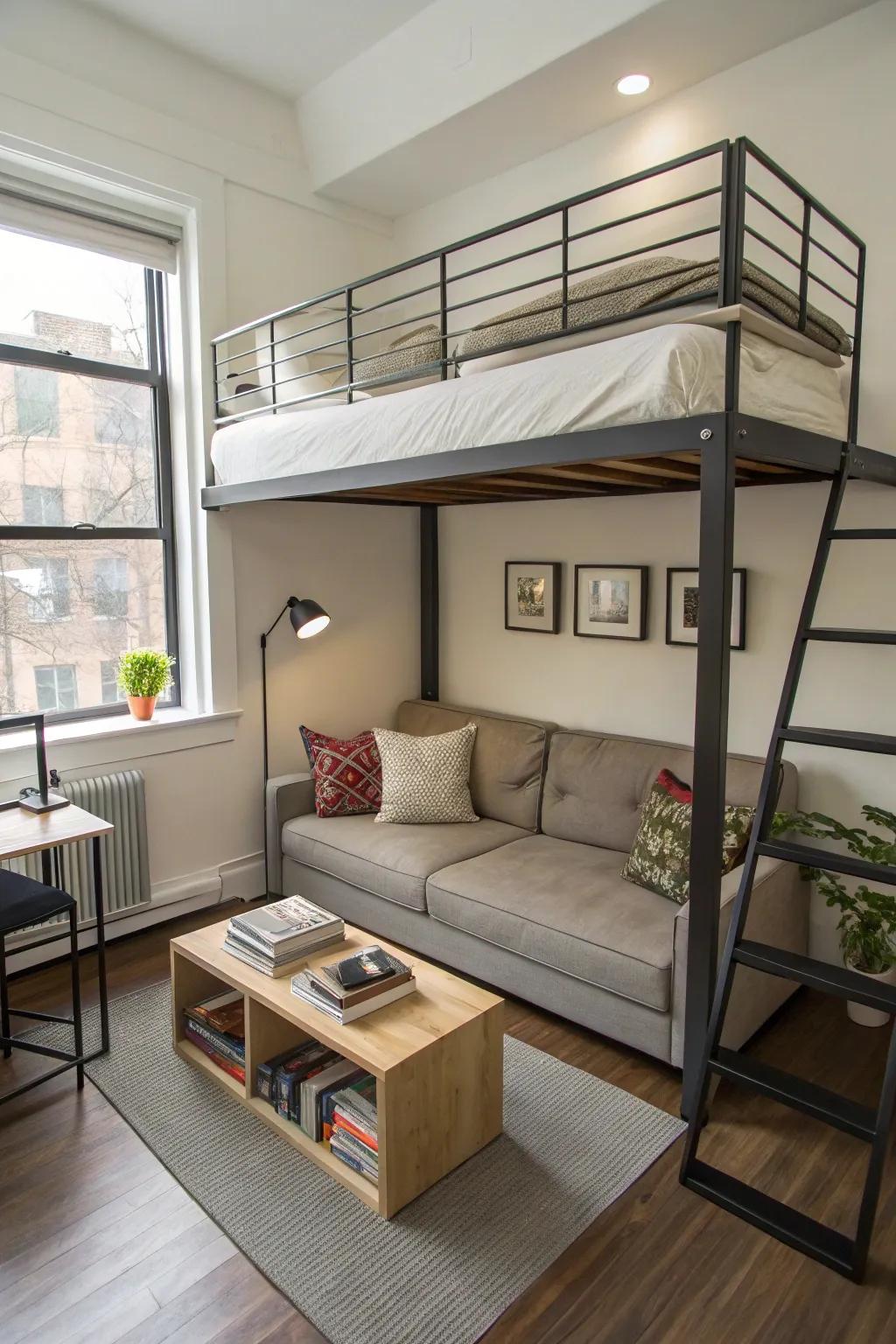 Space-saving furniture such as an elevated bed optimizes vertical space.