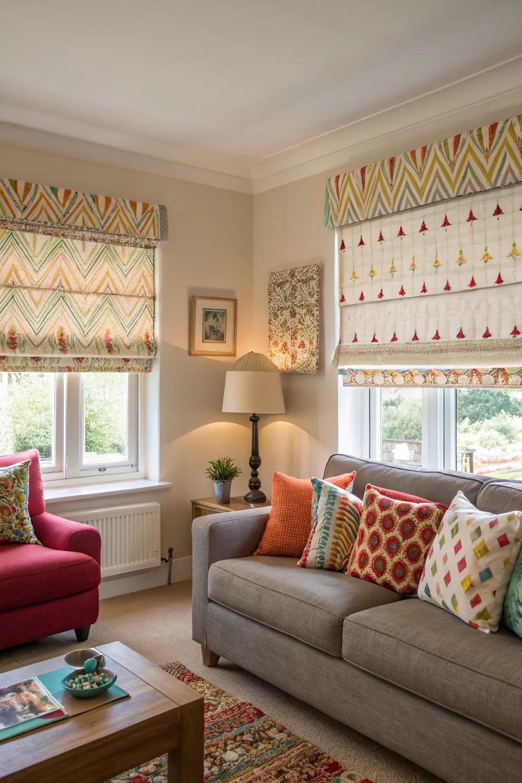 Patterned Roman window coverings give a splash of color.