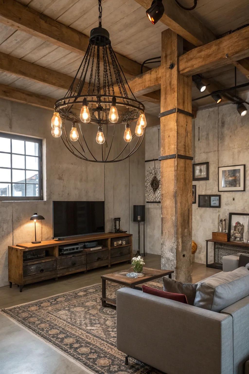 An industrial-inspired living room with a vintage chandelier featuring visible bulbs.