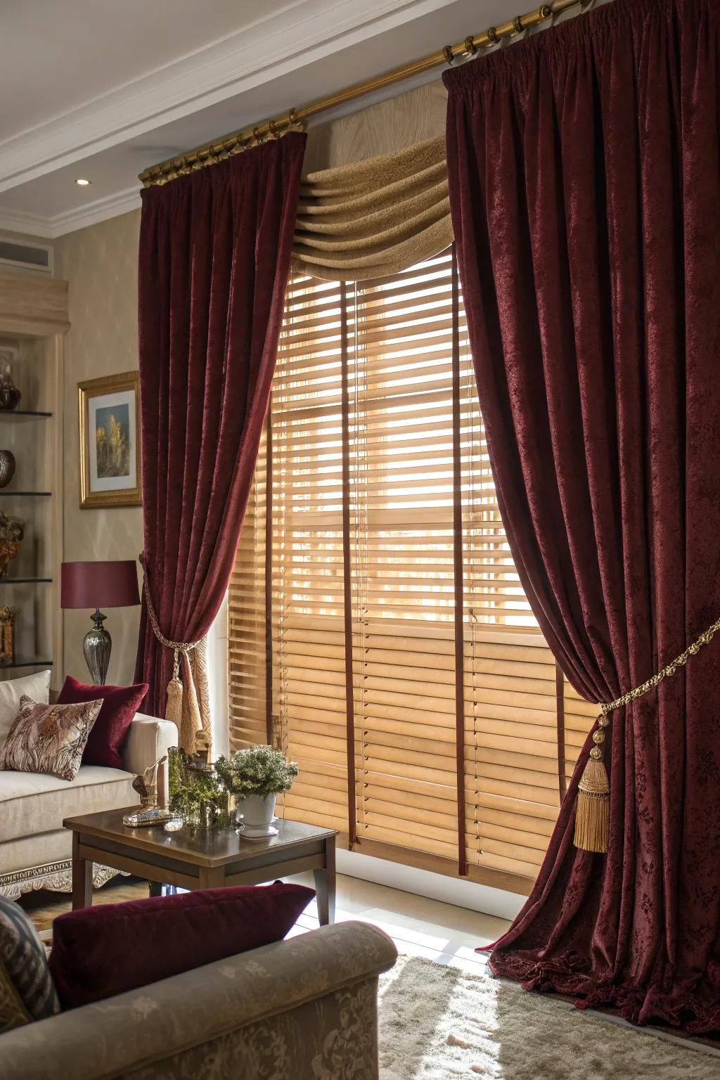 Velvet drapes and timber shades provide a luxurious atmosphere.