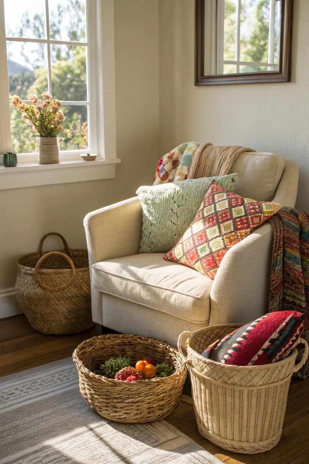 Woven materials add warmth and practicality to the decor.