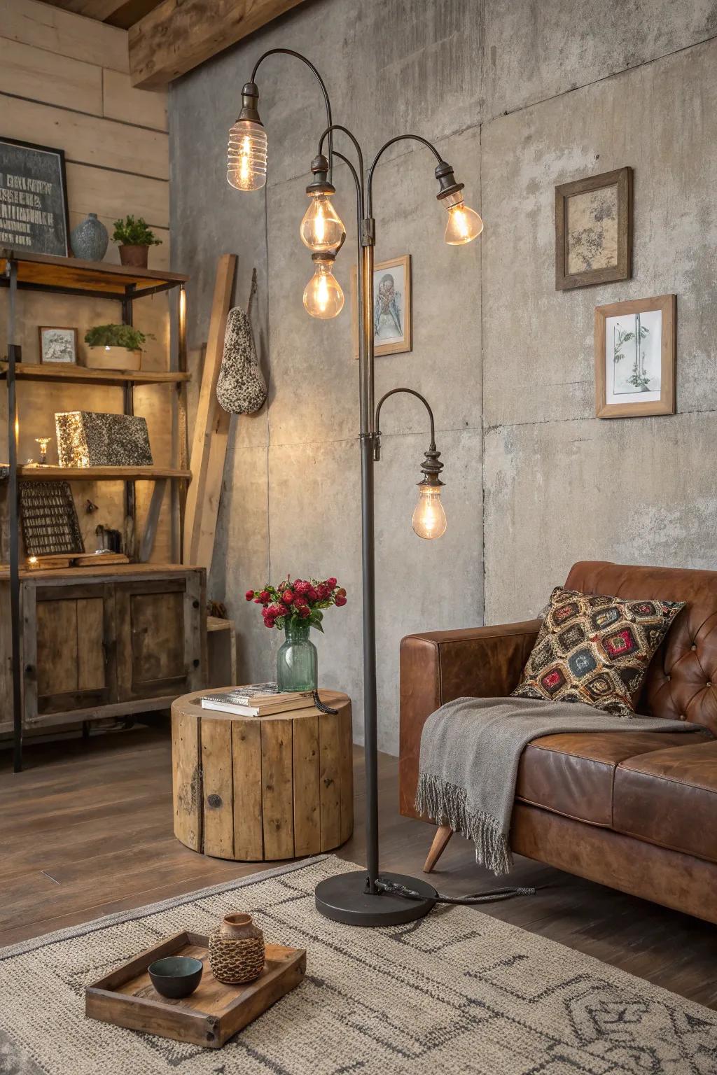 An industrial-style living room with a distinct metal floor lamp.