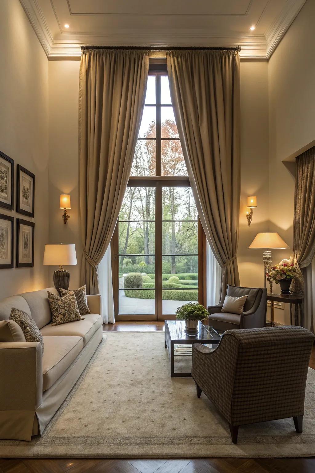 Craft a sophisticated atmosphere with striking, long curtains for your picture windows.
