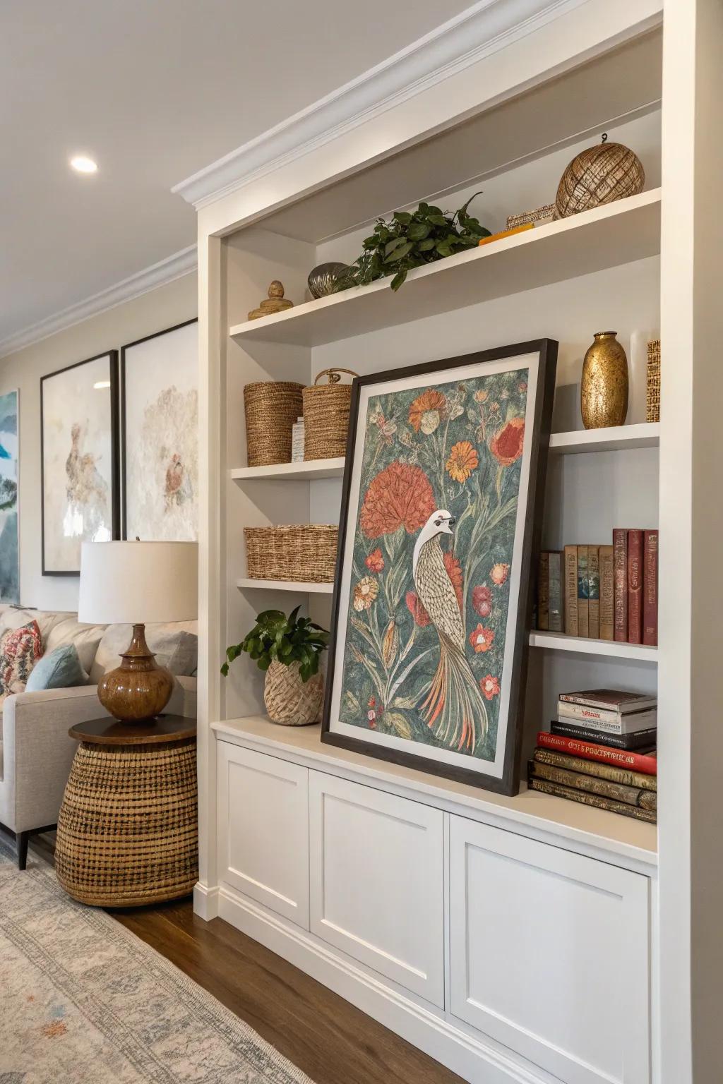 A distinctive art piece enhances the shelves with personality.