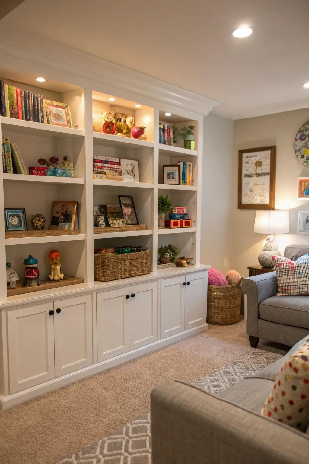 Built-in shelves provide storage that is both stylish and organized.