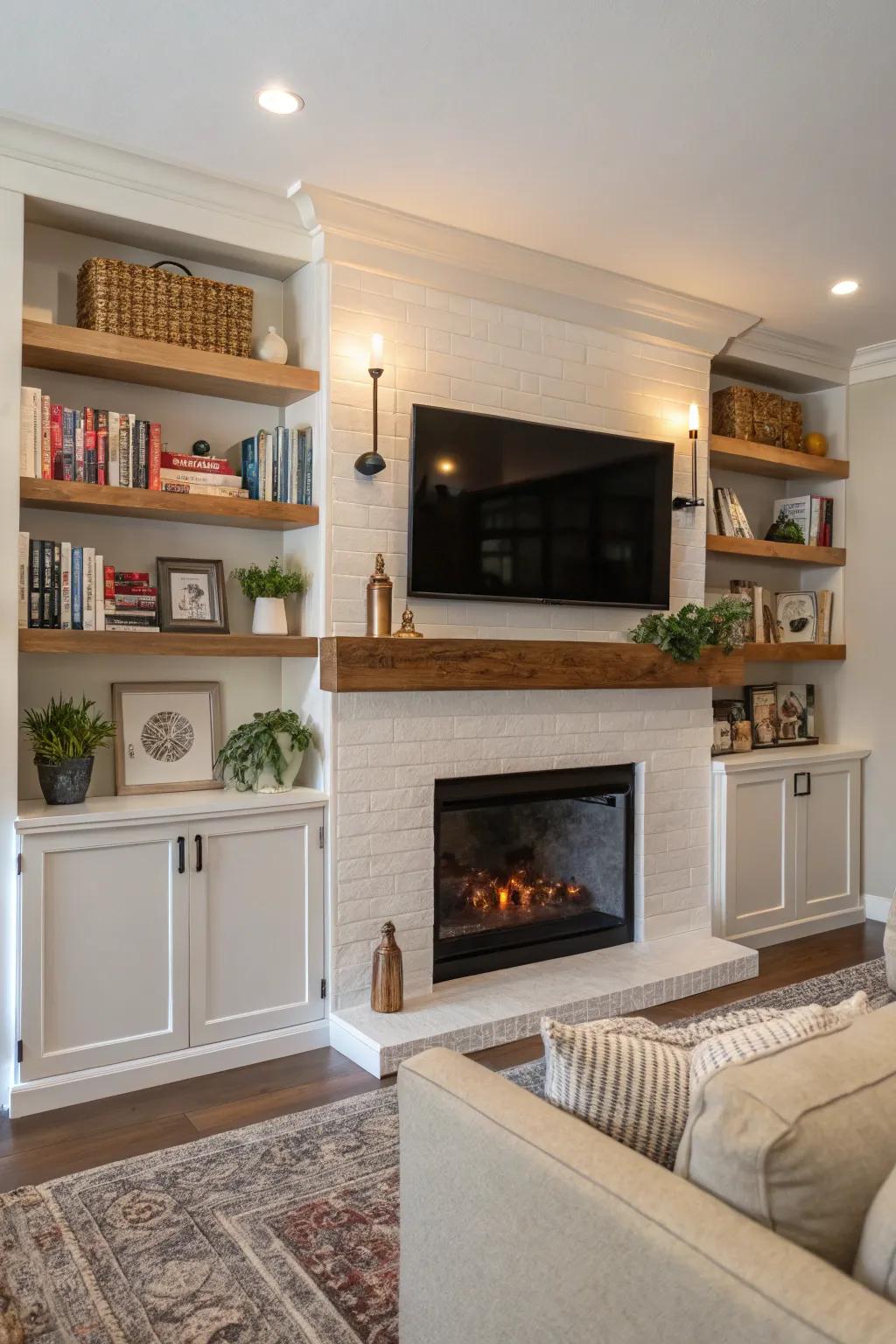 Wall ledges provide stylish storage and display options.