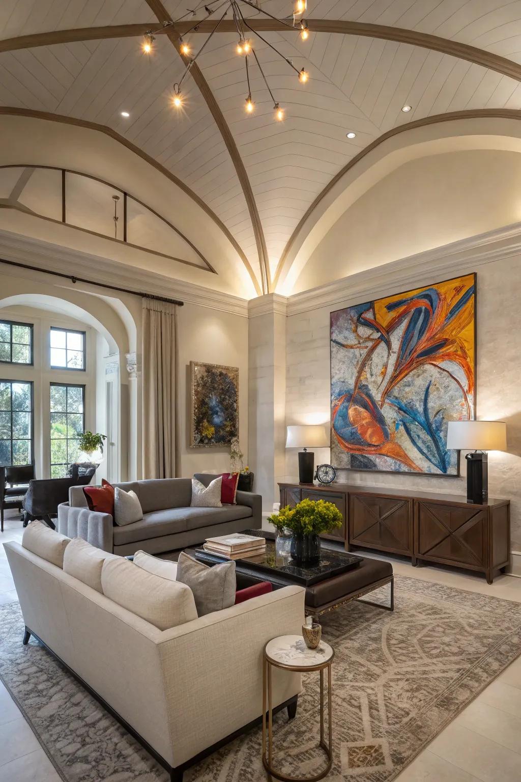 Large wall decor attracts attention in an area with a high ceiling.