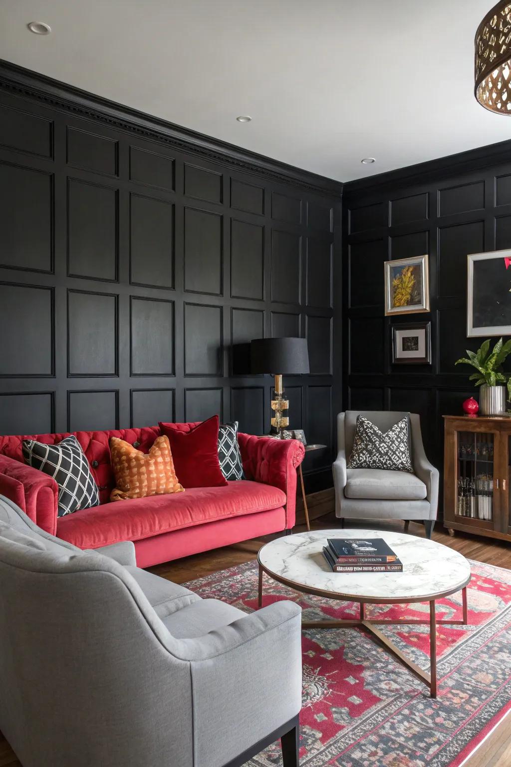 Bold black panels create a powerful statement.