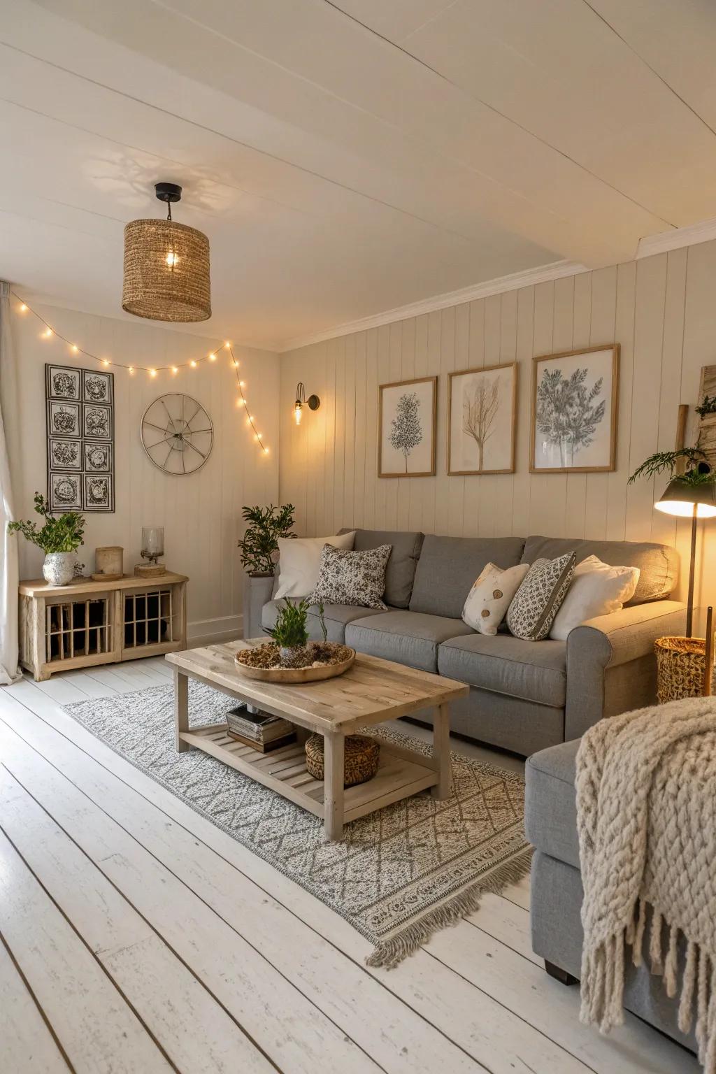 Neutral tones blend attractively with the elegance of bright hardwood floors.